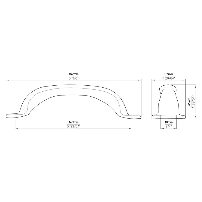 Siro Möbelgriff - Typ Möbelgriff: Bügel, L x B x H: 162 x 37 x 4 mm, Stahl, Schwarz - Abbildung eines Möbelgriffs mit Bemaßungen für Design und Einbau, einschließlich Länge, Höhe und Breite zur einfachen Installation.
