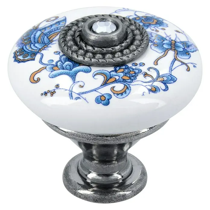 Siro Möbelknopf - Typ Möbelgriff: Knopf, Sonstige, Sonstige, Breite: 32 mm - Eleganter Möbelknopf mit blauem Blumenmuster und silberfarbener Basis, ideal für eine stilvolle Aufwertung Ihrer Möbel.