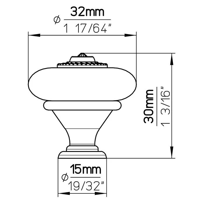 Siro Möbelknopf - Typ Möbelgriff: Knopf, Sonstige, Sonstige, Breite: 32 mm - Produktskizze eines Möbelknopfs mit den Maßen 32mm Durchmesser und 30mm Höhe, inklusive Detailzeichnungen.