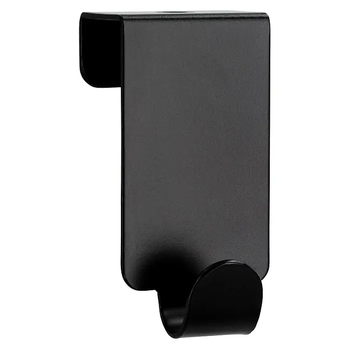 Siro Garderobenhaken - L x B x H: 60 x 32 x 30 mm, Stahl - Nahaufnahme eines schwarzen Türhakens, ideal zum Aufhängen von Kleidung und Accessoires ohne Bohren. Praktische Türgarderobe.