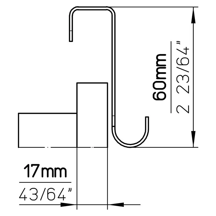 Siro Garderobenhaken 2179 - L x H: 60 x 30 mm, Ausstattung: 5 Haken, Verchromt - Produktzeichnung mit Maßen: Die Länge beträgt 60mm (2 23/64"), die Breite 17mm (43/64"). Detailgenaue Darstellung.