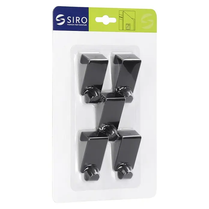 Siro Garderobenhaken - L x B x H: 60 x 32 x 30 mm, Stahl - Nahaufnahme einer Verpackung mit vier Möbelgriffen von SIRO, modisch und in Schwarz gehalten, ideal für stilvolle Möbelakzente.