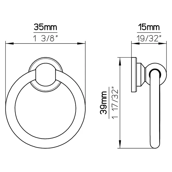 Siro Türklopfer - Typ Möbelgriff: Knopf, Sonstige, Sonstige, Eisenfarbig, Breite: 40 mm - Technische Zeichnung eines Möbelgriffs mit Ring und Maßangaben in Millimetern und Zoll.