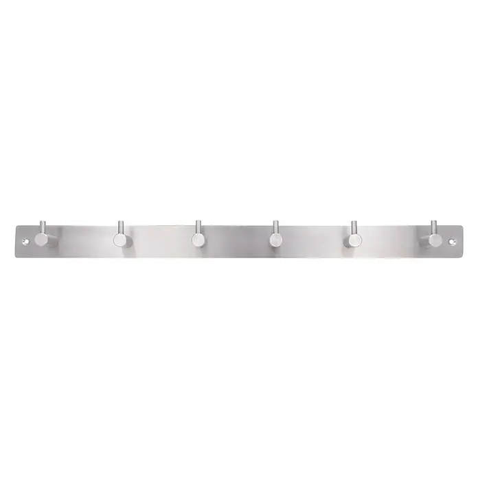 Siro Garderobenleiste - L x B x H: 484 x 39 x 43 mm, Edelstahl, Silber - Eine silberne Garderobenleiste mit sechs Haken vor schwarzem Hintergrund. Praktisch für Jacken, Hüte oder Handtücher.
