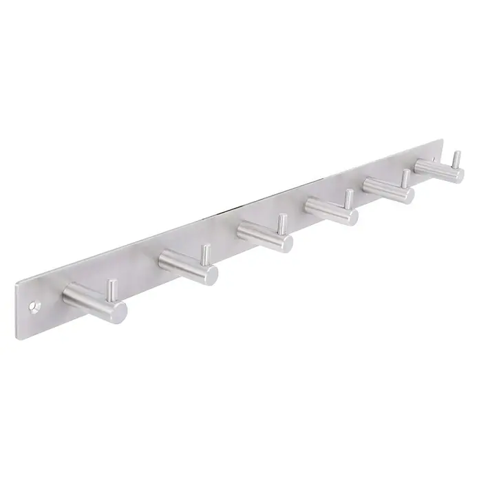 Siro Garderobenleiste - L x B x H: 484 x 39 x 43 mm, Edelstahl, Silber - Eine silberne Wandgarderobe mit sieben Haken, ideal für Jacken und Handtücher im Badezimmer oder Flur. Praktische Aufbewahrungslösung.