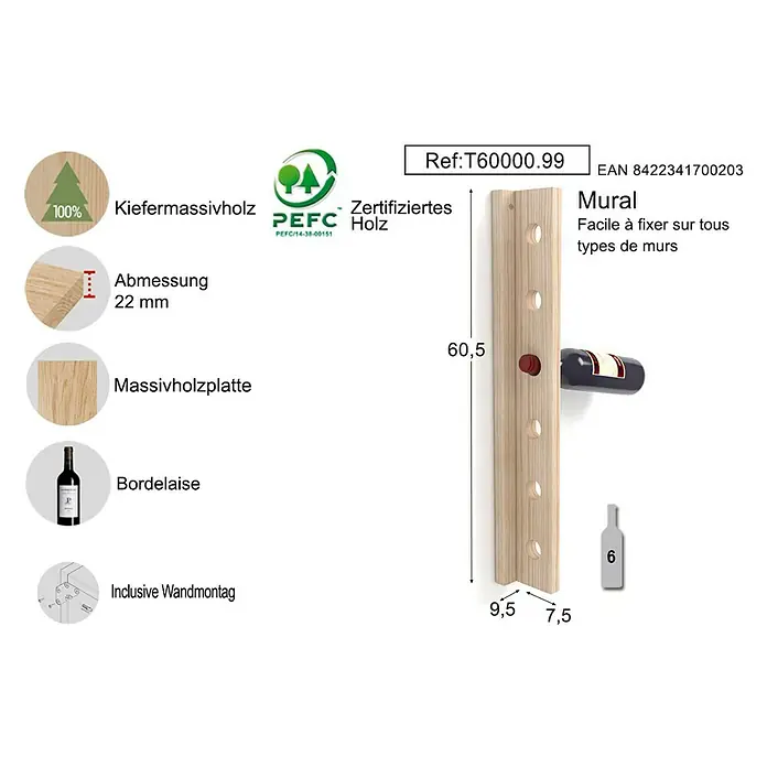 Astigarraga Weinregal - L x B x H: 60,5 x 7,5 x 9,5 cm, Anzahl Flaschen: 6 Stk. - Abbildung einer Wandhalterung für sechs Weinflaschen aus massivem Kiefernholz mit Maßangaben.