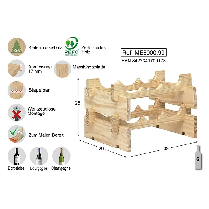 Astigarraga Weinregal - L x B x H: 29 x 39 x 25 cm, Anzahl Flaschen: 6 Stk. - Produktbild eines unbehandelten, stapelbaren Weinregals aus Kiefernholz für sechs Flaschen.