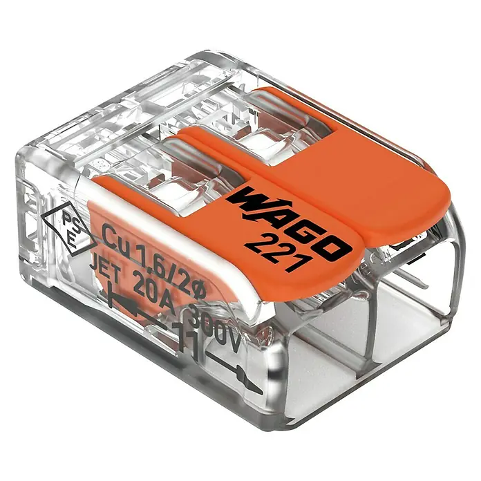 Wago Compact Hebelklemme 221-412Anzahl Leiter: 2 Stk., 0,14 mm² - 4 mm², 16 Stk. - Nahaufnahme eines WAGO 221-Verbindungsclips mit transparentem Gehäuse und orangefarbenen Hebeln, ideal für sichere elektrische Verbindungen.