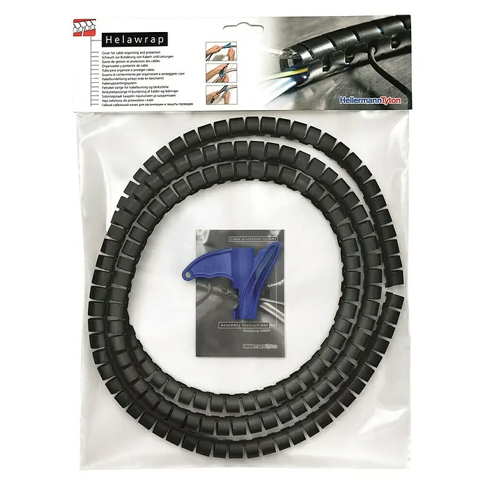 HellermannTyton Kabelorganisierer Helawrap HWPP - Schwarz, 1,9 cm x 2 m - Schwarzer Helawrap-Kabelschlauch zur Organisation und zum Schutz von Kabeln. Inklusive Werkzeug für die einfache Installation.