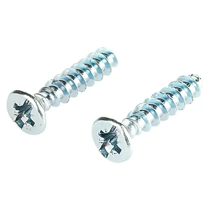 ASS Schraube für UP-Dose - Ø x L: 3,2 x 15 mm, 100 Stk. - Nahaufnahme von zwei glänzenden Kreuzschlitzschrauben auf schwarzem Hintergrund.