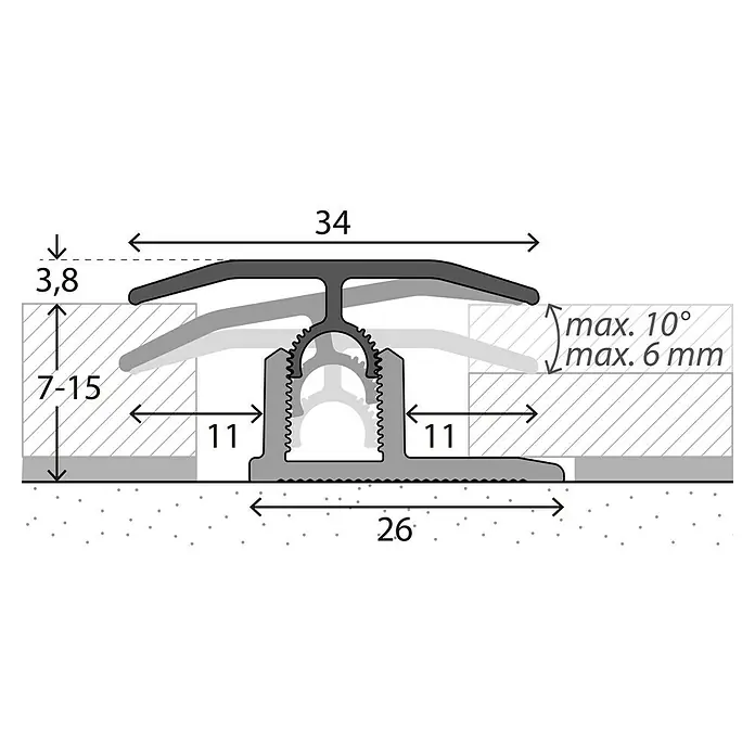 MyStyle MyArt Universalprofil Hickson Larch - 1 m x 34 mm x 15 mm, Montageart: Stecken - Schema eines justierbaren Übergangsprofils mit Maßen, geeignet zur Anpassung an unterschiedliche Bodenhöhen und Winkel.