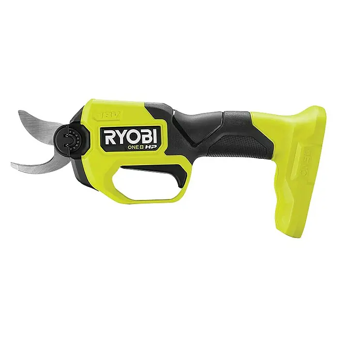 Ryobi ONE+ Maschinenpaket - Akku-Gartenschere RY18SCXA-0,18V, 4 Ah Akku & 2A Ladegerät - Akkubetriebene RYOBI ONE+ Astschere mit hellgrünem Gehäuse und schwarzen Akzenten, ideal für müheloses Beschneiden im Garten.