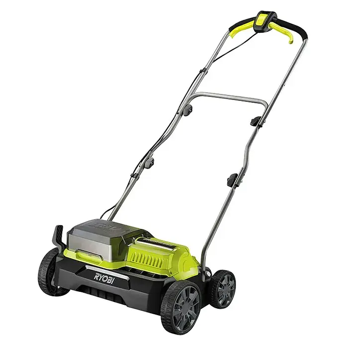 Ryobi ONE+ Escarificador de batería RY18SFX35A-0 - Número de baterías: Sin batería, 18 V, Anchura de trabajo: 35 cm - Escarificador de césped inalámbrico Ryobi con mango ajustable y ruedas para el cuidado del jardín.