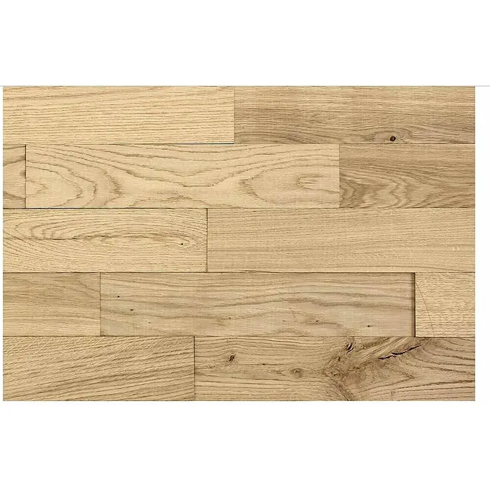 Wodewa Holzriemchen 400 Eiche rustikal - 400 x 80 mm, Stärke: 2 mm - 6 mm, Unbehandelt, Verklebung - Bild eines Mosaik-Wandpaneels aus hellem Eichenholz mit verschiedenen Maserungen und Farbtönen. Perfekt für eine natürliche und stilvolle Wandgestaltung.