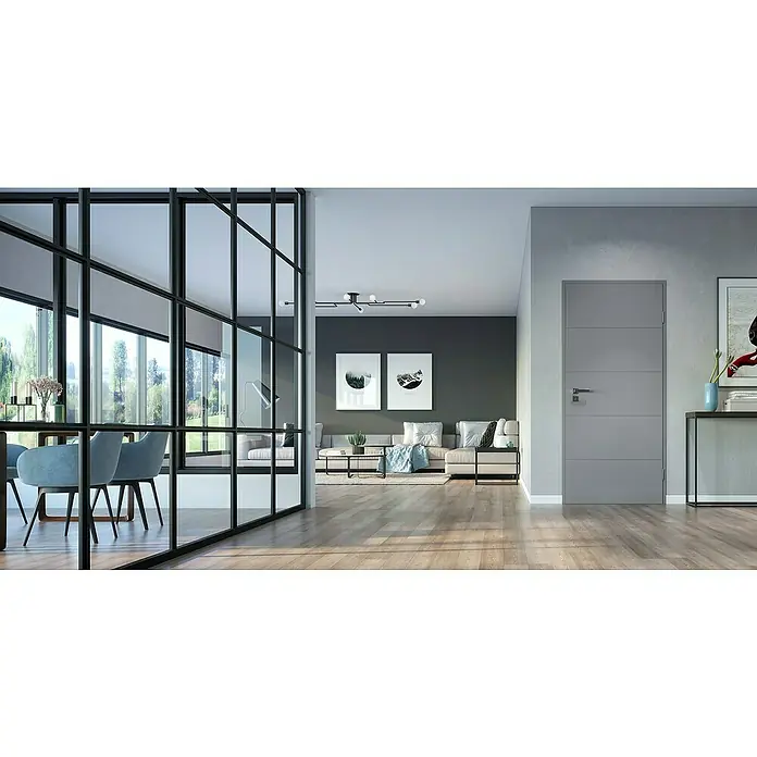 GetaDoor Lamineo Türzarge GLN 747 - 860 x 1.985 mm, Wandstärke: 145 mm, DIN Anschlag: Rechts, Staubgrau - Eine moderne, graue Innentür mit horizontalen Linien fügt sich nahtlos in ein stilvolles Interieur mit Holzboden und minimalistischer Dekoration ein.