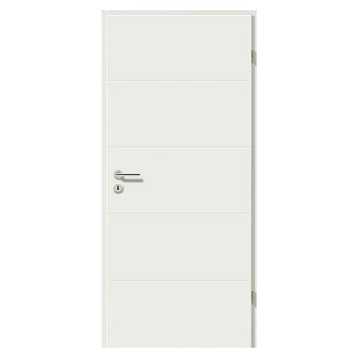 GetaDoor Lamineo Zimmertür GLN 224 - 735 x 1.985 mm, DIN Anschlag: Rechts, Signalweiß, Röhrenspan - Die moderne weiße Innentür mit horizontalen Linien und silberner Türklinke ist ein stilvolles Element für jeden Raum. Zeitloses Design.