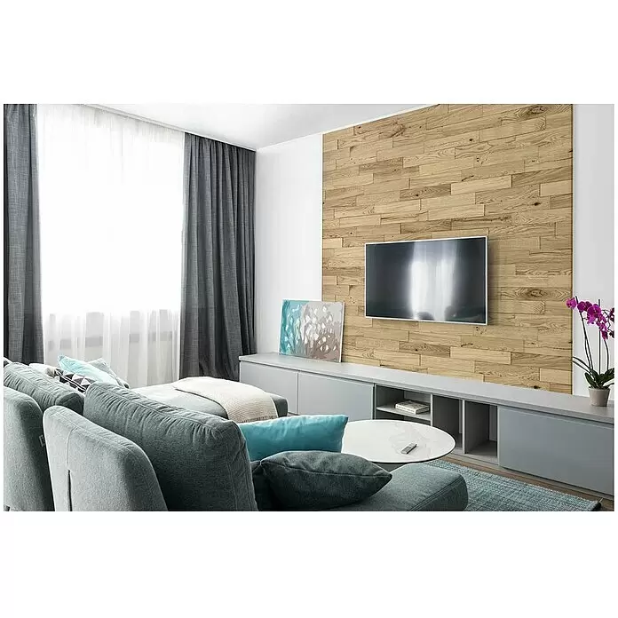 Wodewa Holzriemchen 400 Eiche rustikal - 400 x 80 mm, Stärke: 2 mm - 6 mm, Unbehandelt, Selbsklebend - Stimmungsaufnahme