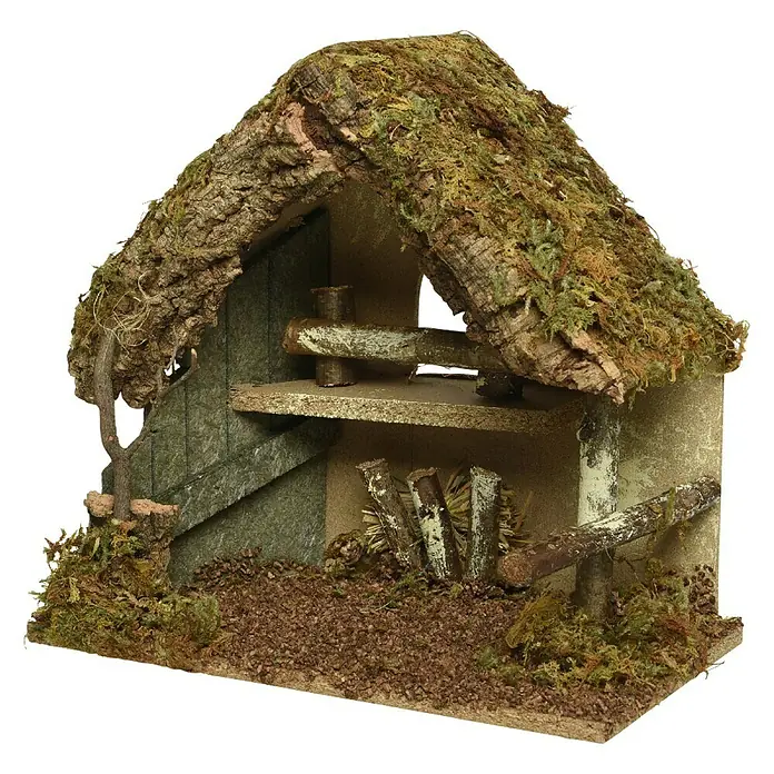 Krippe Klein - Höhe: 26 cm, Breite: 30 cm, Länge: 18 cm, Grün, Natur - Eine rustikale, handgefertigte Krippe mit Moosdach, die eine warme, natürliche Atmosphäre für die Weihnachtszeit schafft.