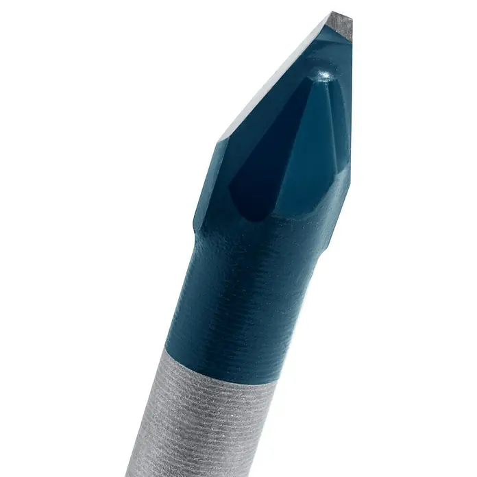 Bosch Professional Expert Fliesenbohrer HEX-9 HardCeramic - 1 Stk., Durchmesser Bohrer: 6 mm - Detailaufnahme eines blauen Glasbohrers mit scharfer Spitze, ideal für präzise Bohrungen in Glas und Keramik.