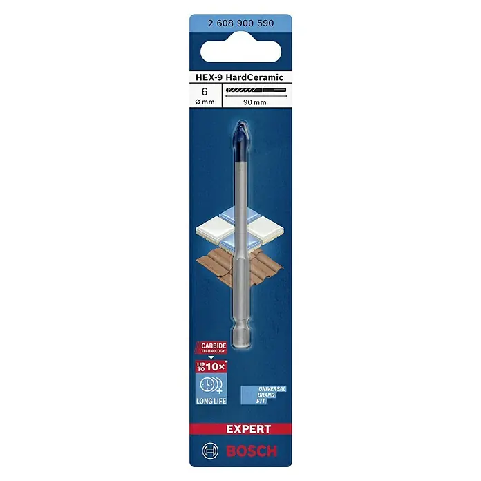 Bosch Professional Expert Fliesenbohrer HEX-9 HardCeramic - 1 Stk., Durchmesser Bohrer: 6 mm - Abbildung einer Bosch HEX-9 HardCeramic Bohrmaschine. Ideal zum Bohren in harte Keramik. Durchmesser: 6mm, Länge: 90mm.