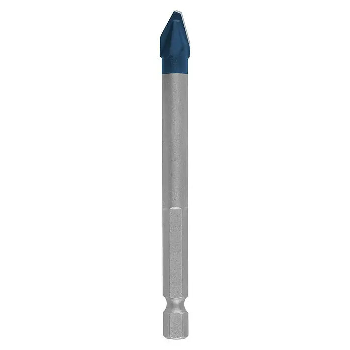 Bosch Professional Expert Fliesenbohrer HEX-9 HardCeramic - 1 Stk., Durchmesser Bohrer: 8 mm - Das Bild zeigt einen blauen Glasbohrer mit einer silbernen Schaftaufnahme, der für präzise Bohrungen in Glas konzipiert ist.