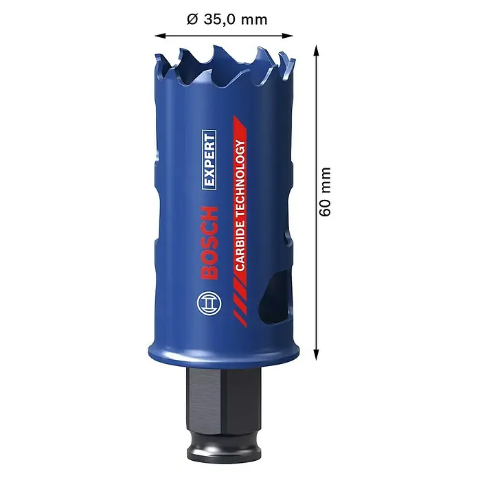 Bosch Professional Expert Bohrkrone Tough Material - Durchmesser Bohrer: 35 mm, 1 Stk. - Bosch EXPERT Lochsäge aus Karbidtechnologie, mit Abmessungen Ø 35,0 mm und 60 mm Höhe, ideal für präzise Bohrarbeiten.