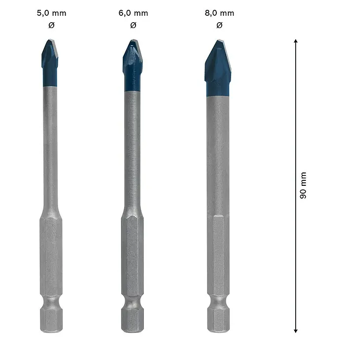 Bosch Expert Bohrer-Set - Durchmesser Bohrer: 8 mm - Abbildung von Glasbohrern in den Größen 5,0 mm, 6,0 mm und 8,0 mm, Länge 90 mm.