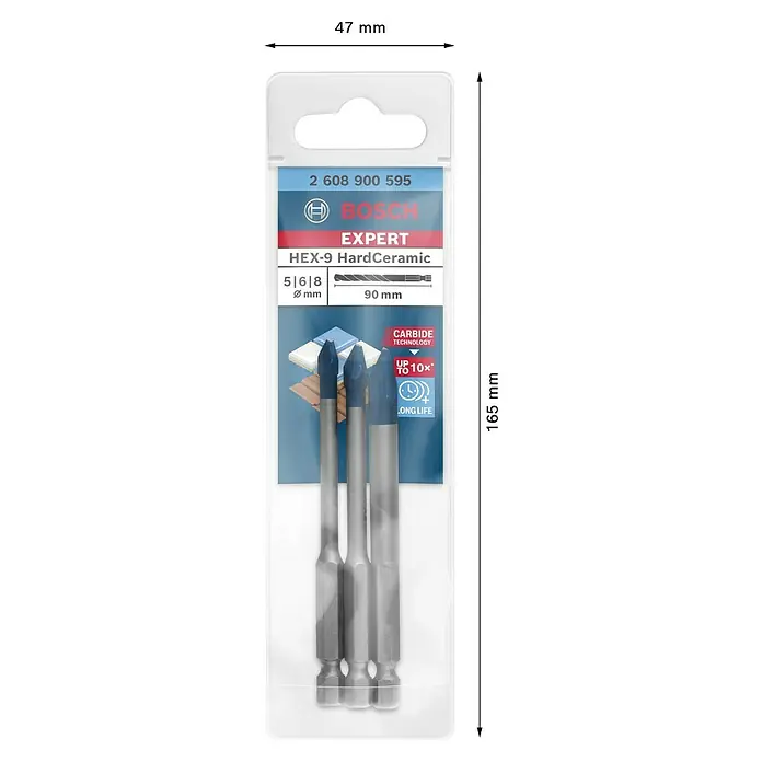Bosch Expert Bohrer-Set - Durchmesser Bohrer: 8 mm - Bild einer Bosch EXPERT HEX-9 HardCeramic Bohrer-Packung mit Größen 5, 6 und 8 mm, ideal zum Bohren von harten Keramikmaterialien.
