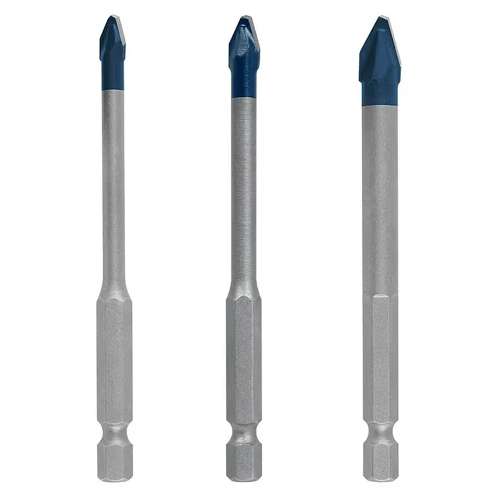 Bosch Expert Bohrer-Set - Durchmesser Bohrer: 8 mm - Drei Bohrer mit blauen Spitzen und silbernen Schäften auf schwarzem Hintergrund, ideal für präzise Bohrarbeiten.