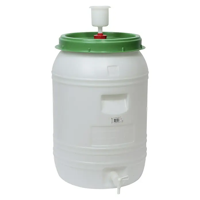 Floraworld Classic Getränkefass - 60 l - Ein weißer Kunststoffbehälter mit grünem Deckel und Auslaufhahn, ideal für die Lagerung von Flüssigkeiten.