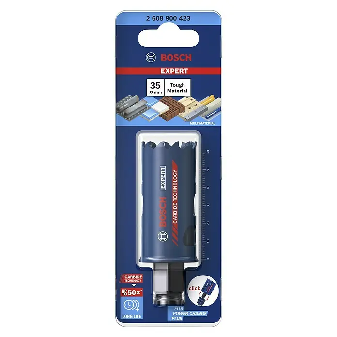 Bosch Professional Expert Bohrkrone Tough Material - Durchmesser Bohrer: 35 mm, 1 Stk. - Bild einer Bosch Expert Lochsäge mit 35 mm Durchmesser, geeignet für Multimaterialien und ausgestattet mit Carbide Technology für lange Lebensdauer.