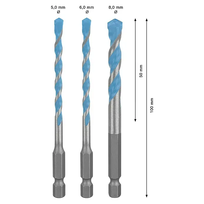 Bosch Expert Mehrzweck-Bohrer-Set Hex-9 - 3 -tlg. - Abbildung von drei Steinbohrern mit blauem Bohrkopf in den Größen 5,0 mm, 6,0 mm und 8,0 mm, Länge 100 mm.