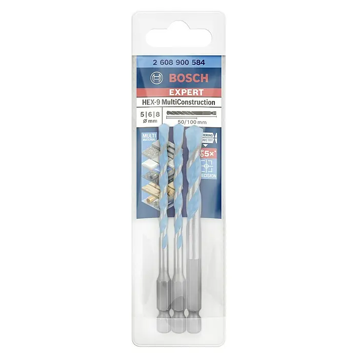 Bosch Expert Mehrzweck-Bohrer-Set Hex-9 - 3 -tlg. - Das Bild zeigt ein Set von Bosch EXPERT HEX-9 MultiConstruction Bohrern in verschiedenen Größen (5, 6, 8 mm) in einer Verpackung.