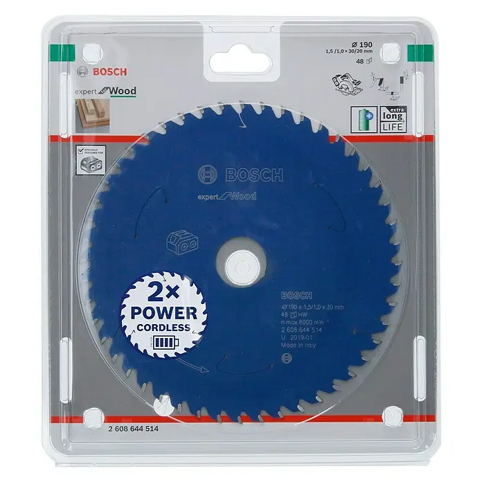 Bosch Kreissägeblatt Expert for Wood - 190 mm, Bohrung: 30 mm, Anzahl Zähne: 48 Stk. - Bild einer Bosch Expert Wood Kreissägeblatt-Verpackung, optimiert für Akku-Sägen, mit erhöhter Lebensdauer und präzisen Schnitten.