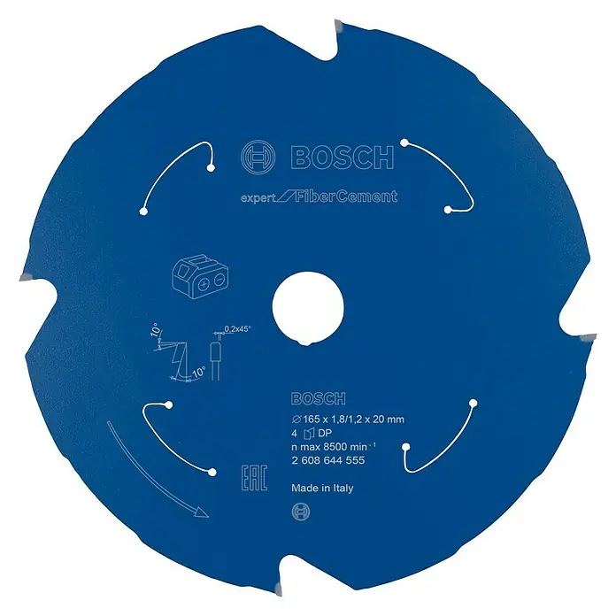 Bosch Expert Kreissägeblatt Expert for Fibre Cement - 165 mm, Bohrung: 15,87 mm - 20 mm, Anzahl Zähne: 4 Stk. - Nahaufnahme einer blauen Bosch Expert Fiber Cement Kreissäge mit Produktinformationen.