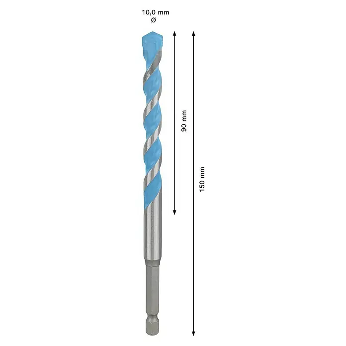Bosch Expert Universalbohrer Hex-9 - Durchmesser Bohrer: 10 mm, Arbeitslänge: 90 mm - Darstellung eines blauen 10 mm Spiralbohrers mit Maßangaben. 90 mm Spirallänge, 150 mm Gesamtlänge.