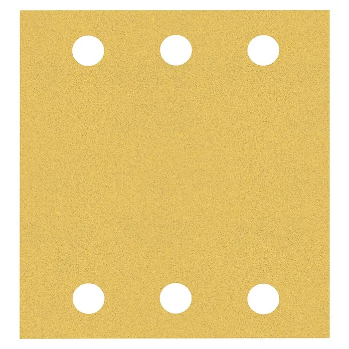 Bosch Expert Schleifblätter-Set C470 - L x B: 140 x 115 mm, 10 -tlg. - Ansicht eines quadratischen Sandpapierblattes mit sechs runden Löchern, angeordnet in zwei Reihen, das zum Schleifen und Glätten von Oberflächen verwendet wird.