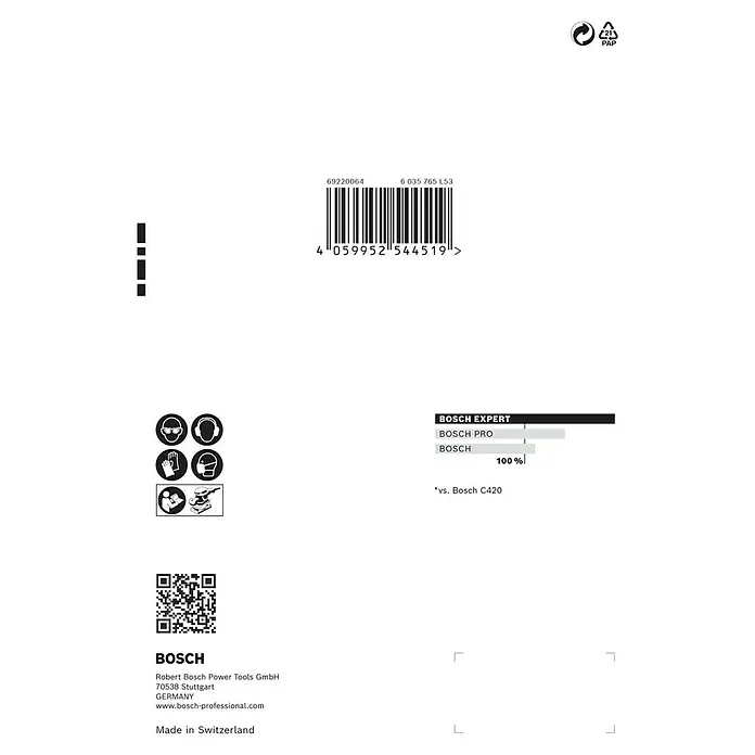 Bosch Expert Schleifblätter-Set C470 - L x B: 140 x 115 mm, 10 -tlg. - Produktverpackungsbild der Marke Bosch mit Barcode, Sicherheitsinformationen und Firmenadresse.