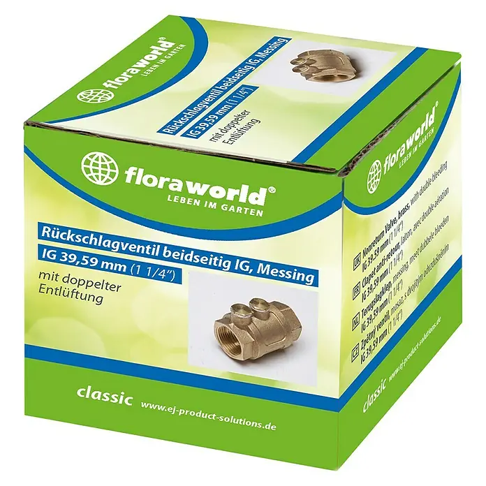 Floraworld Rückschlagventil - Mit Entleerung, Messing, Größe Anschluss: 1 ¼″ - Produktverpackung: FloraWorld Rückschlagventil aus Messing, beidseitig, IG 39,59 mm (1 1/4"), mit doppelter Entlüftung.