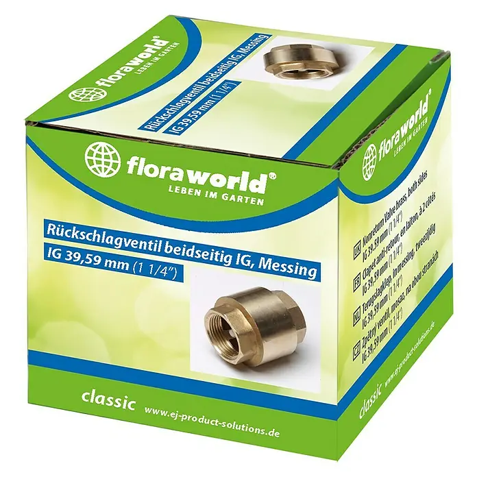 Floraworld Rückschlagventil - Messing, Größe Anschluss: 1 ¼″ - Abbildung einer Verpackung für ein FloraWorld Rückschlagventil aus Messing, beidseitig IG 39,59 mm (1 1/4").