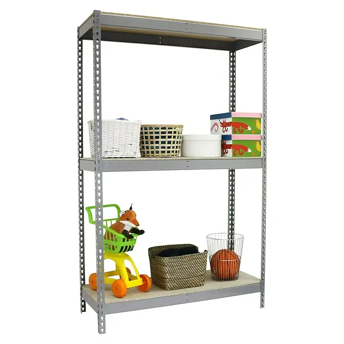 Simonrack Simonforte Schwerlastregal Simonforte Chipboard - H x B x T: 150 x 120 x 45 cm, Traglast pro Boden: 600 kg, Anzahl Böden: 3 Stk., Stecken, Grau - Ein dreistufiges Regal aus Metall mit Spielzeug und Aufbewahrungskörben auf den Regalböden, ideal für die Organisation im Kinderzimmer.