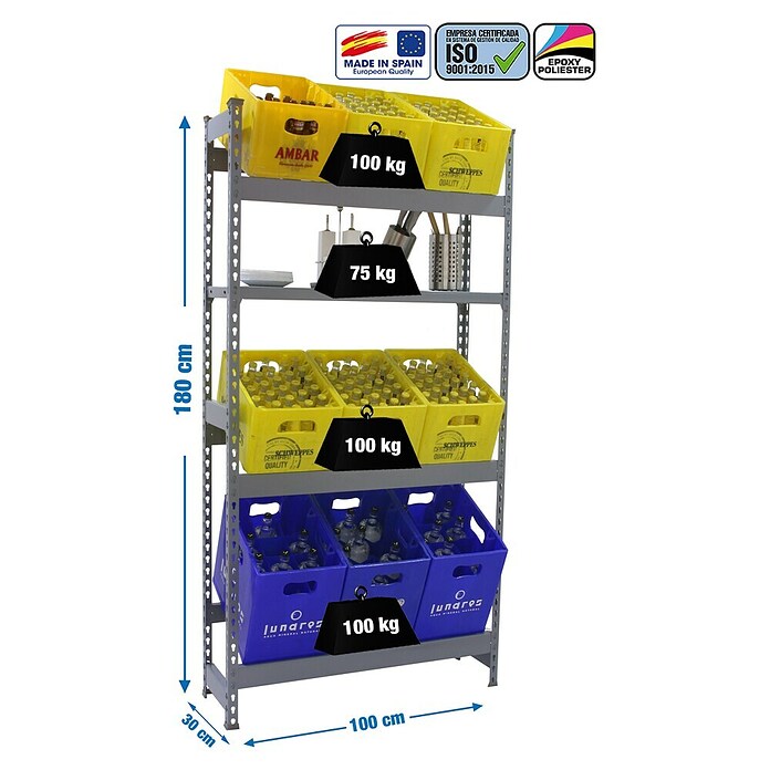 Simonrack Simonbottle Estantería para cajas de bebidas Shelf (Al x An x Pr: 180 x 100 x 30 cm, Número de baldas: 4 ud., Carga límite balda: 100 kg, Inserción, Gris) | BAUHAUS