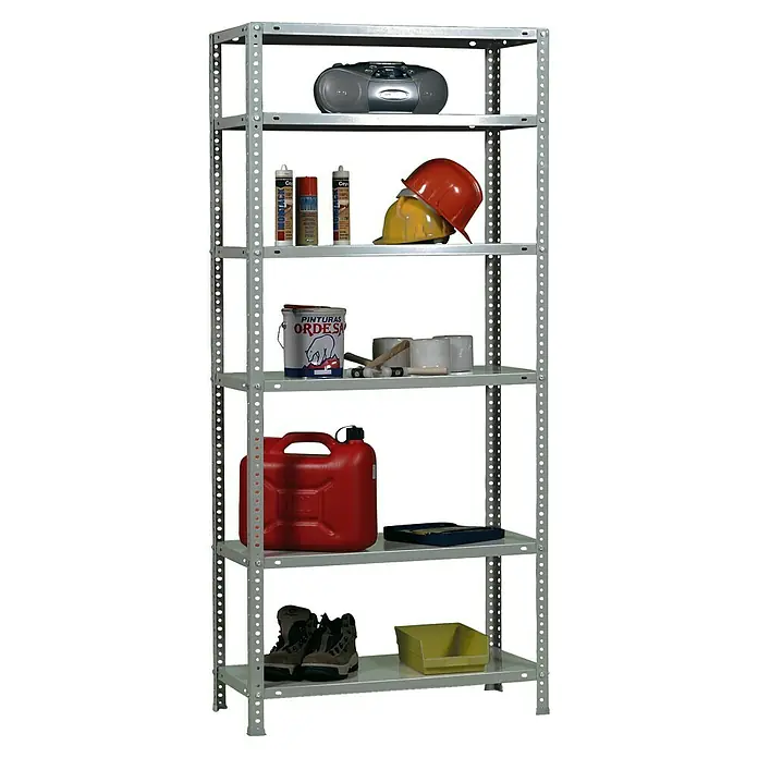 Simonrack Simonclassic Metallregal Comfort Plus - H x B x T: 200 x 100 x 50 cm, Traglast pro Boden: 100 kg, Anzahl Böden: 6 Stk., Schrauben, Silber - Ein graues Regal mit sechs Ablagen, auf denen verschiedene Gegenstände wie ein Radio, Farbe und Werkzeuge stehen.