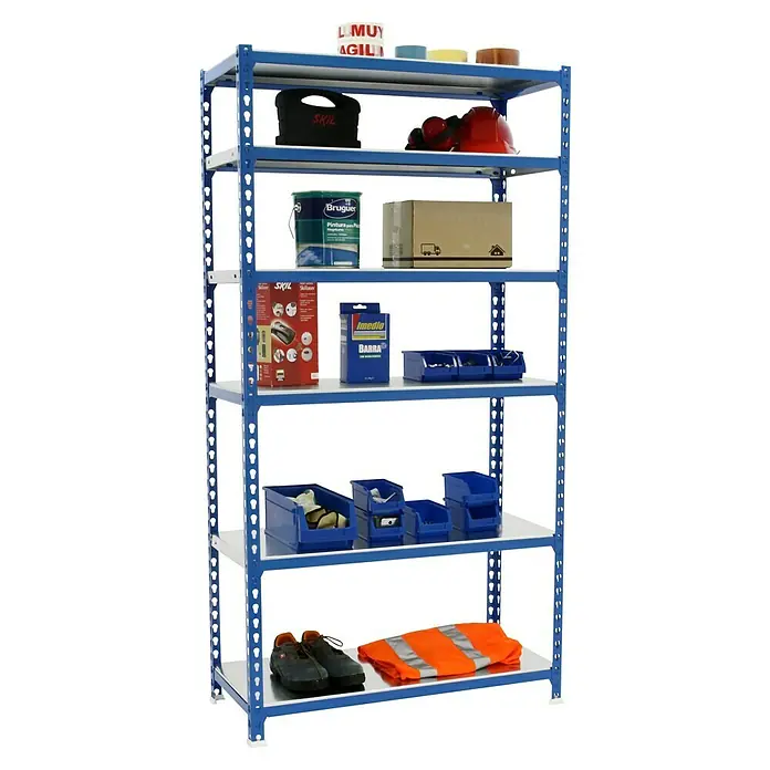 Simonrack Simonclick Metallregal Simonclick Plus - H x B x T: 250 x 90 x 50 cm, Traglast pro Boden: 180 kg, Anzahl Böden: 6 Stk., Stecken, Blau/Silber - Regal mit verschiedenen Werkzeugen und Gegenständen auf den Regalböden für Werkstatt oder Lagerung.