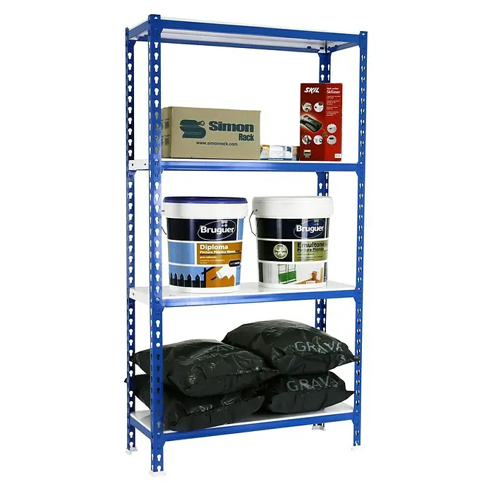 Simonrack Simonclick Metallregal Simonclick Super Plus - H x B x T: 150 x 110 x 50 cm, Traglast pro Boden: 200 kg, Anzahl Böden: 4 Stk., Stecken, Blau/Weiß - Regal mit Farbeimern, Werkzeugbox und Sandsäcken. Das blaue Regal ist mit verschiedenen Artikeln gefüllt, darunter Farbe und Baumaterialien.