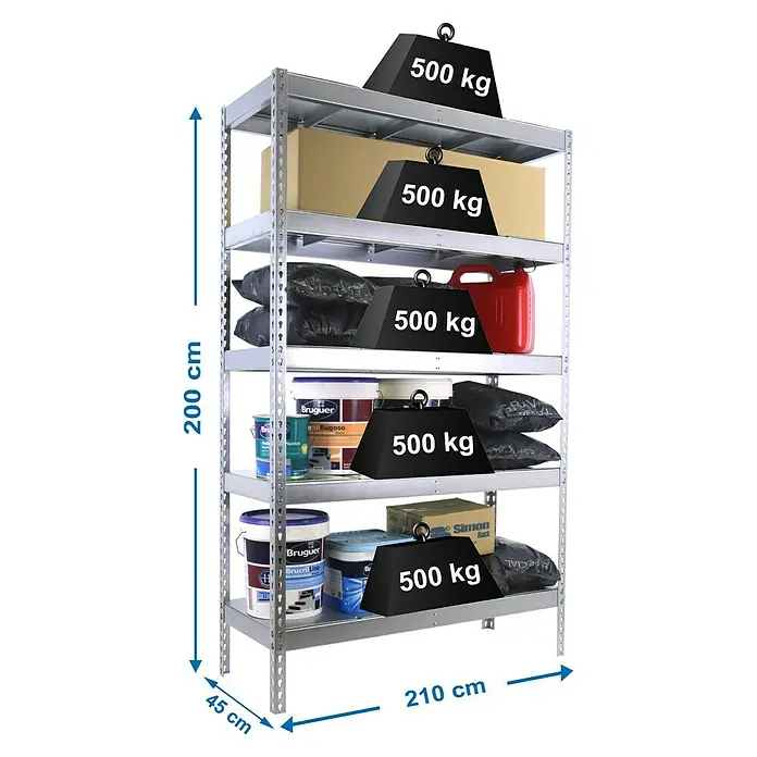 Simonrack Simonforte Schwerlastregal Simonforte Metall - H x B x T: 200 x 210 x 45 cm, Traglast pro Boden: 500 kg, Anzahl Böden: 5 Stk., Stecken, Silber/Silber - Bild eines Regalsystems mit fünf Ebenen, das mit Farbdosen, Kartons und Gewichten von 500 kg beladen ist.