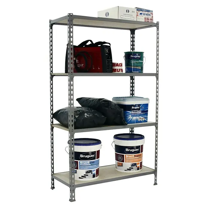 Simonrack Maderclick Metallregal Maderclick - H x B x T: 150 x 90 x 40 cm, Traglast pro Boden: 150 kg, Anzahl Böden: 4 Stk., Stecken, Grau - Regal mit Farbeimern der Marke Bruguer, Werkzeug und anderem Zubehör, ideal für Heimwerker und Profis.