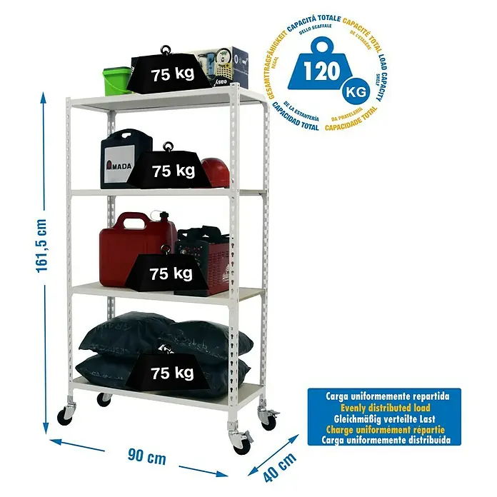 Simonrack Maderclick Estantería metálica Mobile - Al x An x Pr: 157,5 x 90 x 40 cm, Número de baldas: 4 ud., Inserción, Blanco - Imagen de una estantería metálica blanca de cuatro niveles cargada con varios objetos y pesos de hasta 75 kg por nivel.