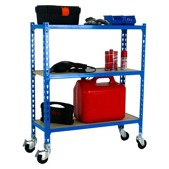 Simonrack Maderclick Estantería metálica Mobile Superplus - Al x An x Pr: 97,5 x 110 x 50 cm, Número de baldas: 3 ud., Inserción, Azul - Carro de taller con herramientas y accesorios. El carro azul tiene tres estantes y ruedas para facilitar el transporte.