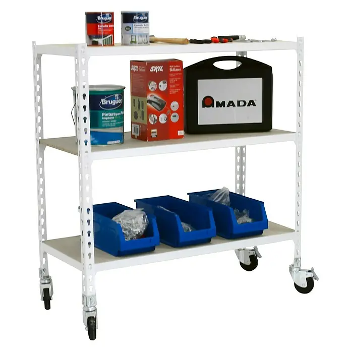 Simonrack Maderclick Estantería metálica Mobile Superplus - Al x An x Pr: 97,5 x 110 x 30 cm, Número de baldas: 3 ud., Inserción, Blanco - Carrito blanco con tres estantes, cargado de herramientas, pinturas y accesorios. Ideal para taller o garaje.